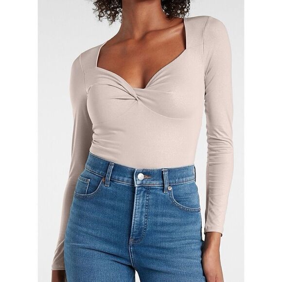 Express Blushing Mauve Body Contour Metallic Twist Bodysuit XL New - Picture 2 of 6
